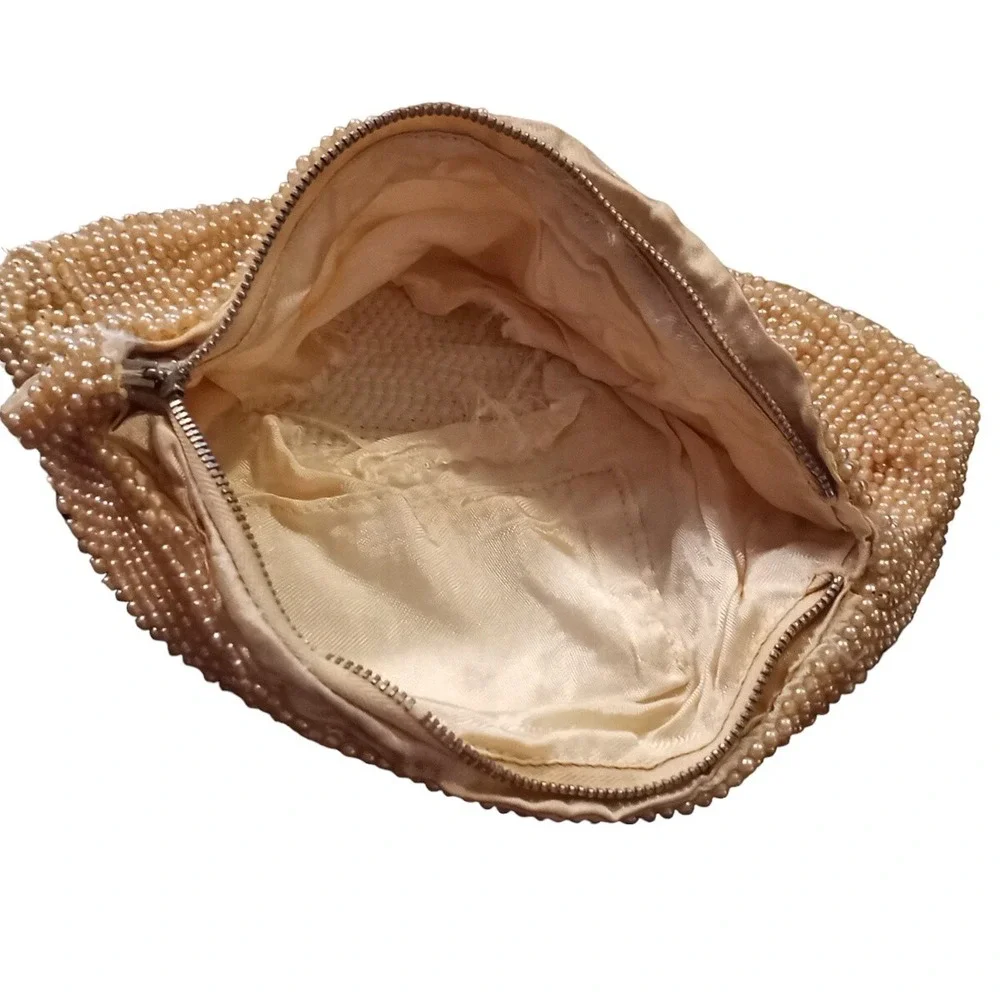 Vtg Debbie Faux Pearl Flower Beaded Purse Bag Clutch Japan Zip Close 9.5x5